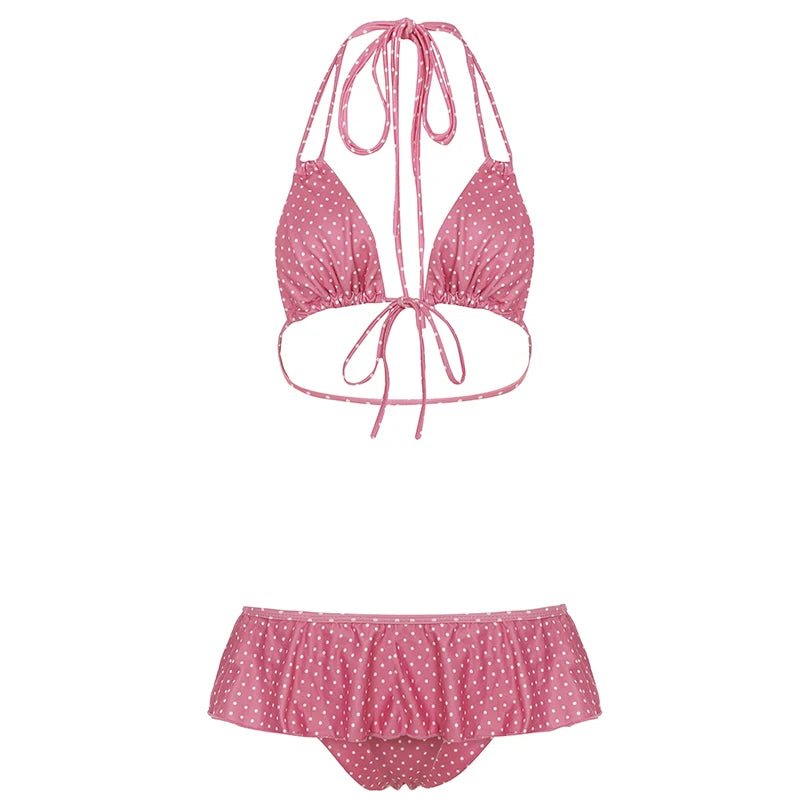 Ruffle Polka Dot Above Knee Short Skinny Bikini Set - Vacation Tie - Front Bralette & Thong Sexy Beach Knitted Swimsuit - Zeprah
