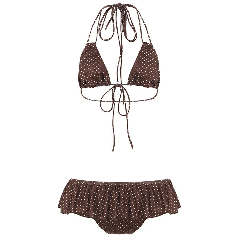 Ruffle Polka Dot Above Knee Short Skinny Bikini Set - Vacation Tie - Front Bralette & Thong Sexy Beach Knitted Swimsuit - Zeprah