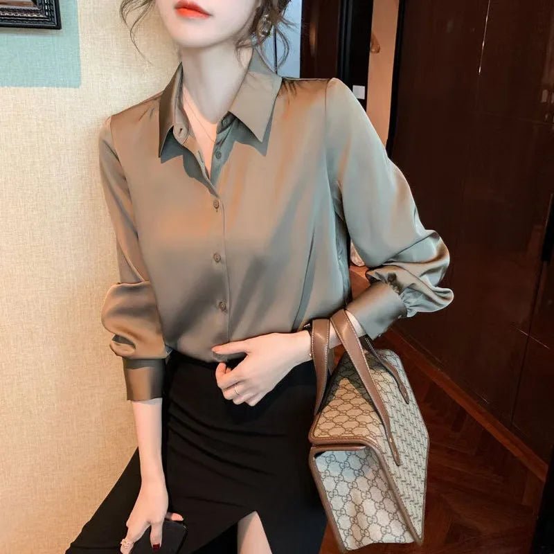 Satin Long - Sleeve Blouse Fashionable Blouse Vintage Dress Shirt - Zeprah