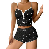 Satin Pajama Set New Arrival Heart - Shaped Print Color - Block Camisole Front Slit Loungewear - Zeprah