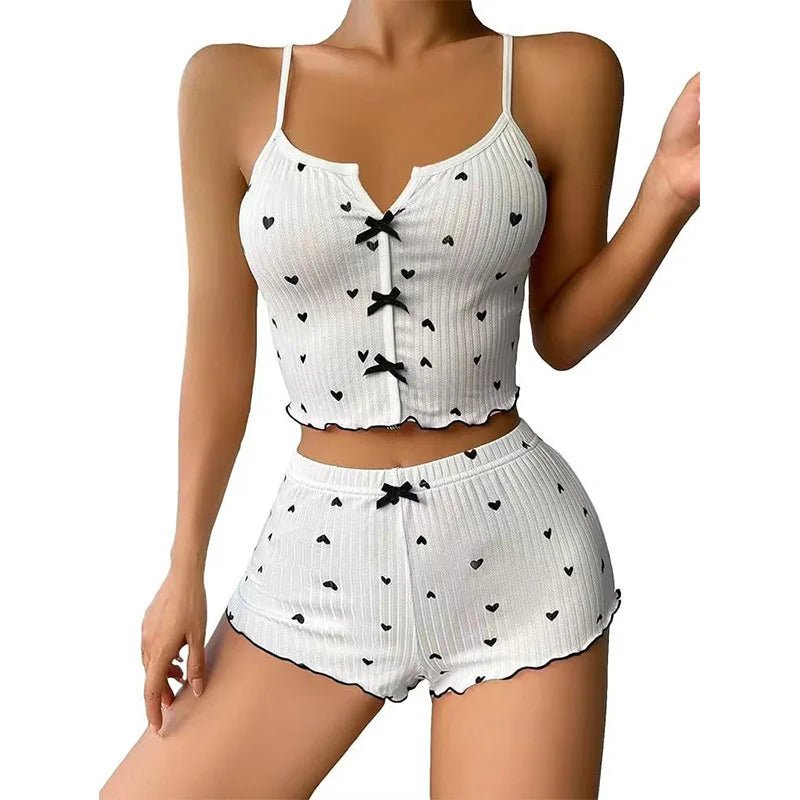 Satin Pajama Set New Arrival Heart - Shaped Print Color - Block Camisole Front Slit Loungewear - Zeprah