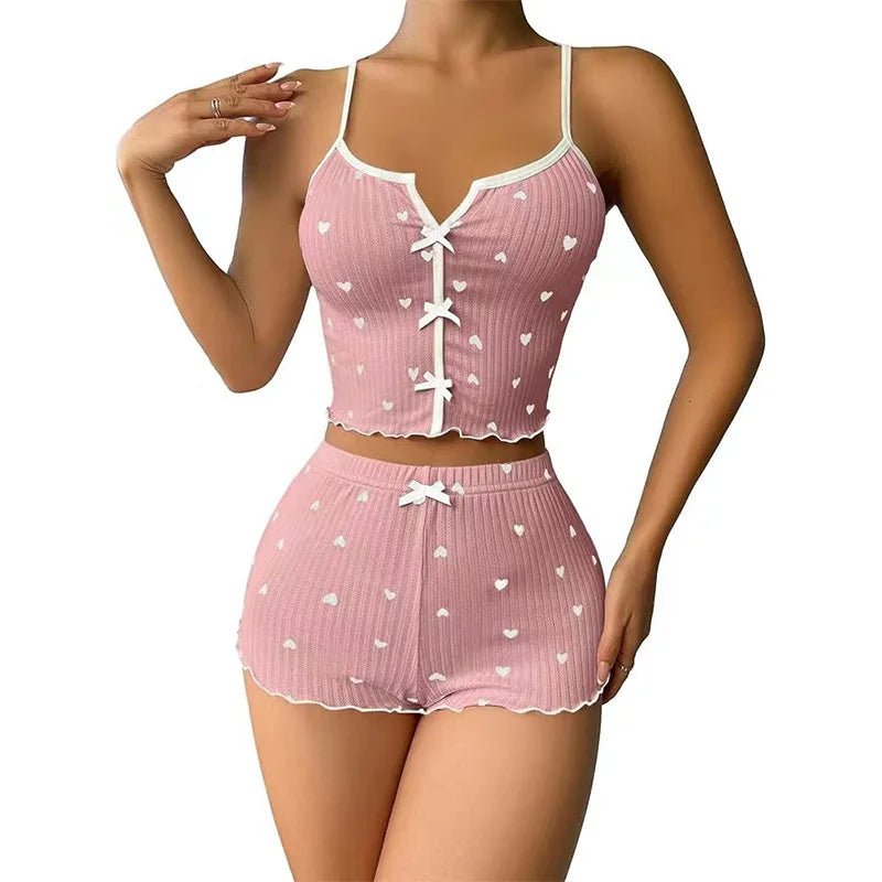 Satin Pajama Set New Arrival Heart - Shaped Print Color - Block Camisole Front Slit Loungewear - Zeprah