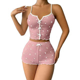 Satin Pajama Set New Arrival Heart - Shaped Print Color - Block Camisole Front Slit Loungewear - Zeprah