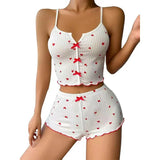 Satin Pajama Set New Arrival Heart - Shaped Print Color - Block Camisole Front Slit Loungewear - Zeprah