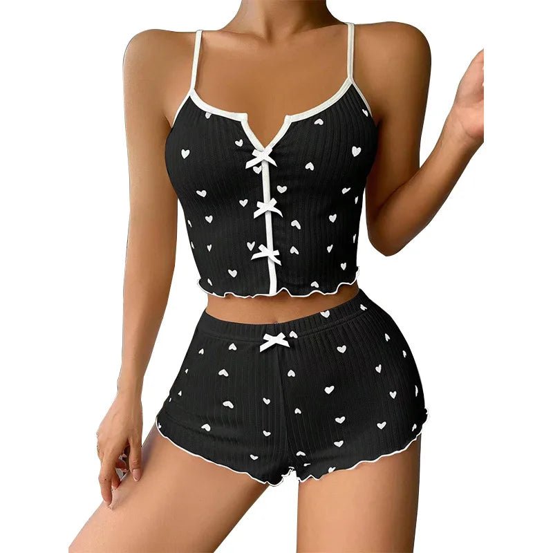 Satin Pajama Set New Arrival Heart - Shaped Print Color - Block Camisole Front Slit Loungewear - Zeprah