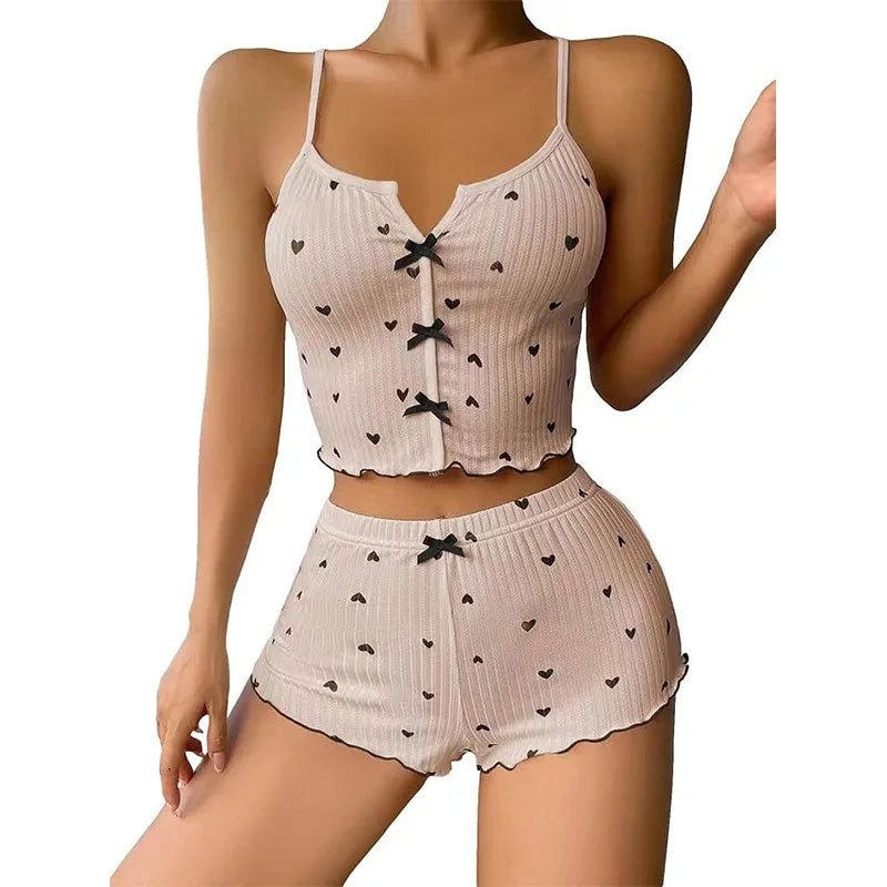 Satin Pajama Set New Arrival Heart - Shaped Print Color - Block Camisole Front Slit Loungewear - Zeprah