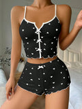 Satin Pajama Set with Heart - Shape Front Slit Camisole Color - Blocking Satin Homewear Elastic Waist - Zeprah