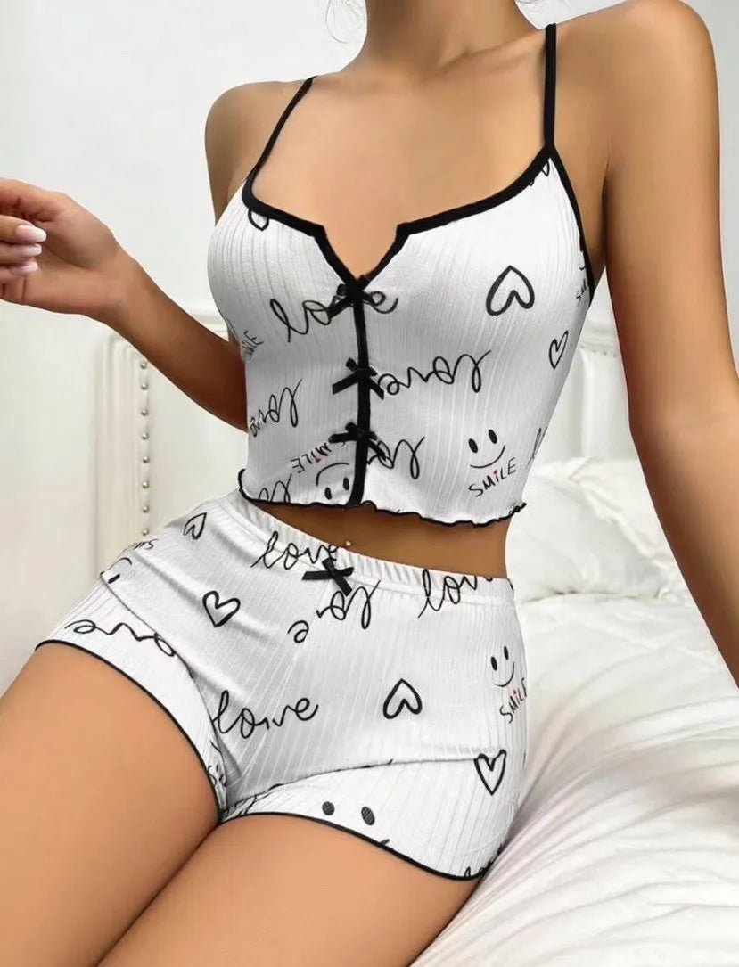 Satin Pajama Set with Heart - Shape Front Slit Camisole Color - Blocking Satin Homewear Elastic Waist - Zeprah