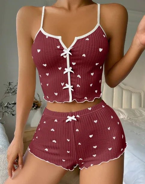 Satin Pajama Set with Heart - Shape Front Slit Camisole Color - Blocking Satin Homewear Elastic Waist - Zeprah