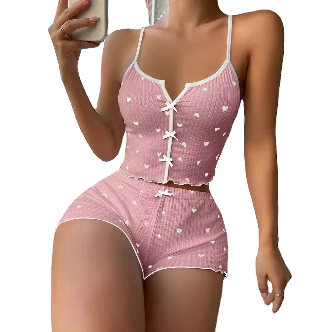 Satin Pajama Set with Heart - Shape Front Slit Camisole Color - Blocking Satin Homewear Elastic Waist - Zeprah