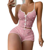 Satin Pajama Set with Heart - Shape Front Slit Camisole Color - Blocking Satin Homewear Elastic Waist - Zeprah