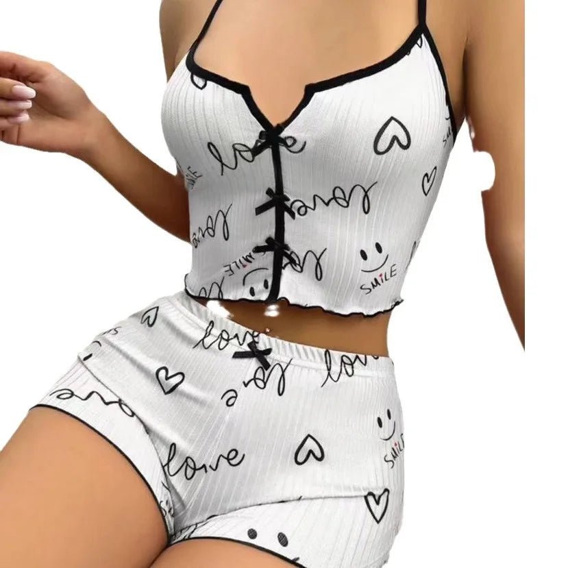 Satin Pajama Set with Heart - Shape Front Slit Camisole Color - Blocking Satin Homewear Elastic Waist - Zeprah