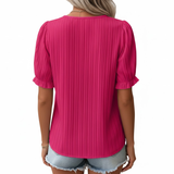 Striking Fuchsia Pink Blouse for Women – Romantic Puff Sleeve Top with Crochet Lace & Micro-Pleats