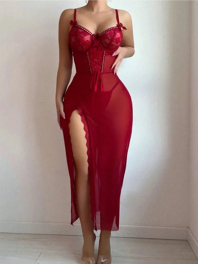 See - Through Long Dress Set European American Style Flower Bud Sexy Lingerie Nightgowns - Zeprah