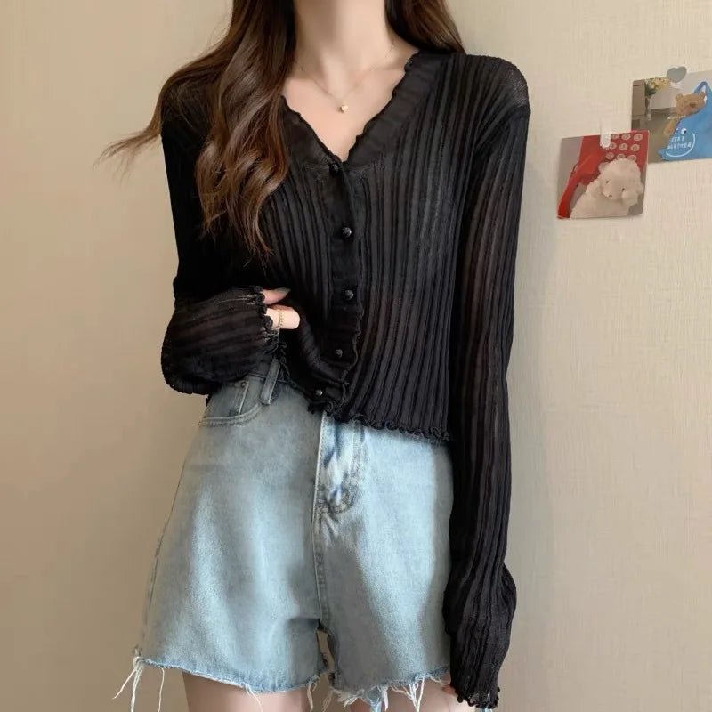 Selvedge Knit Cardigan Top Solid Crop Top Ice Silk Sun protection Smock Top - Zeprah