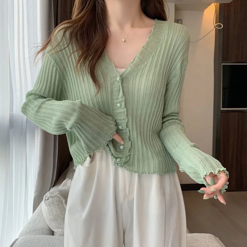 Selvedge Knit Cardigan Top Solid Crop Top Ice Silk Sun protection Smock Top - Zeprah