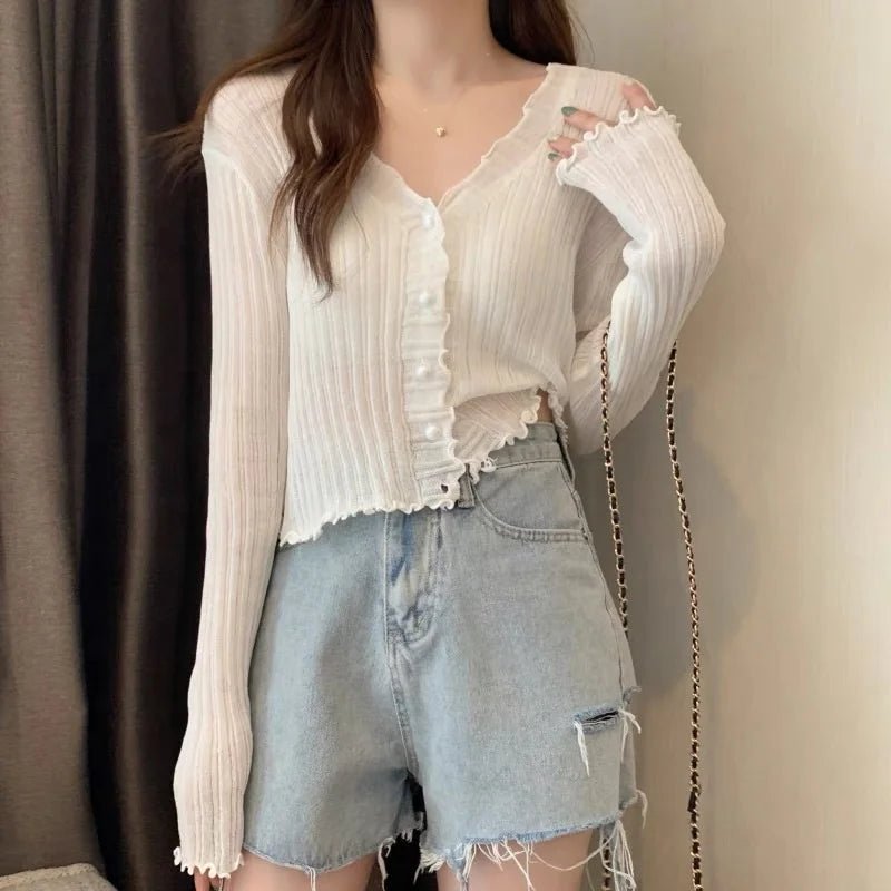 Selvedge Knit Cardigan Top Solid Crop Top Ice Silk Sun protection Smock Top - Zeprah