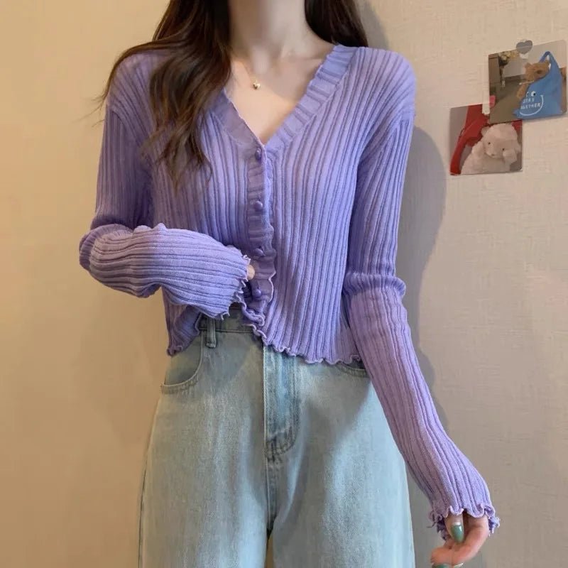 Selvedge Knit Cardigan Top Solid Crop Top Ice Silk Sun protection Smock Top - Zeprah