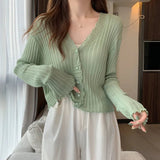 Selvedge Knit Cardigan Top Solid Crop Top Ice Silk Sun protection Smock Top - Zeprah