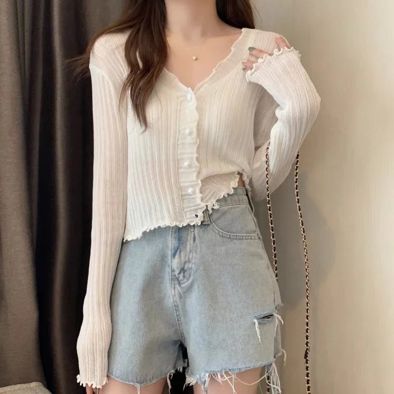 Selvedge Knit Cardigan Top Solid Crop Top Ice Silk Sun protection Smock Top - Zeprah