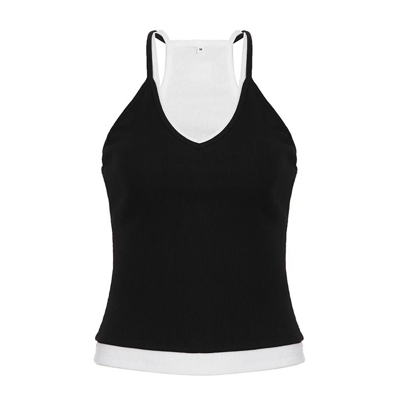 Separable 2 - Piece Breathable Tank Top Set Black White Knit Sporty Sleeveless - Zeprah