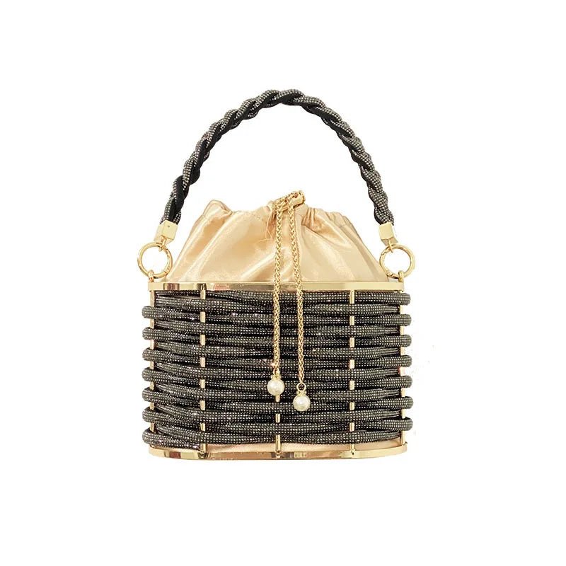 Sequin Mini Tote for Ladies Handheld Style with Unique Pattern New Handmade Hollow Metal Cage Bucket Flannel Evening Bag - Zeprah