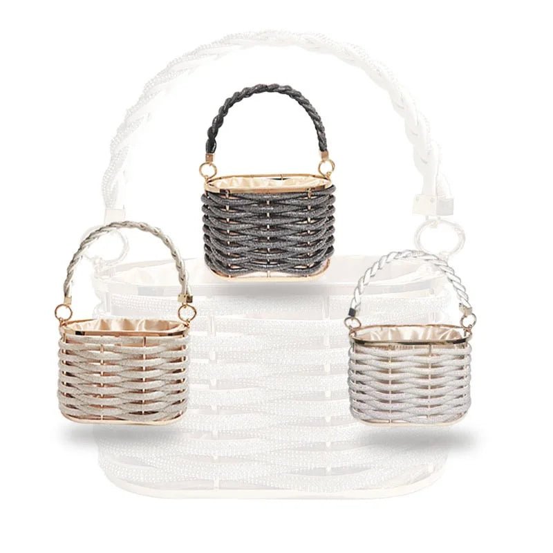 Sequin Mini Tote for Ladies Handheld Style with Unique Pattern New Handmade Hollow Metal Cage Bucket Flannel Evening Bag - Zeprah