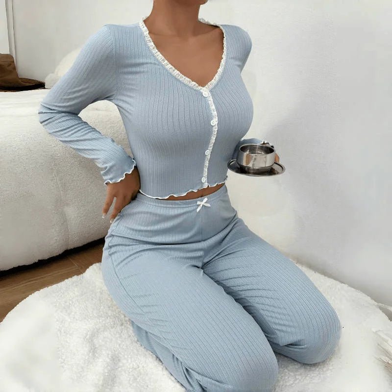 Sexy 2 - piece Set Lace Cuff Hot - selling Sexy Nightwear Long - Sleeved Slim - fit Pajamas - Zeprah