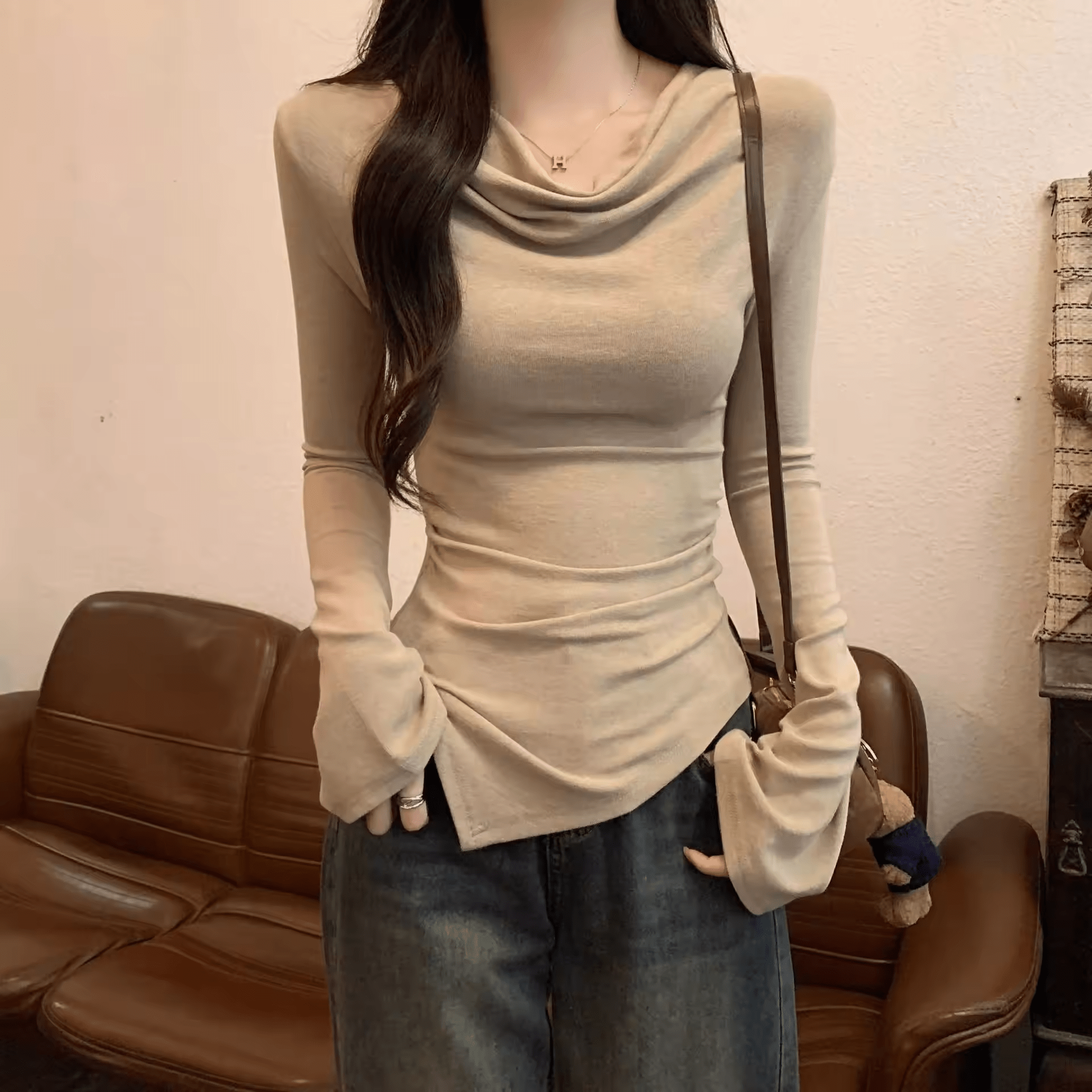 Sexy Asymmetric Mock Neck Base Top | Slim - Fit Korean T-Shirt - Zeprah