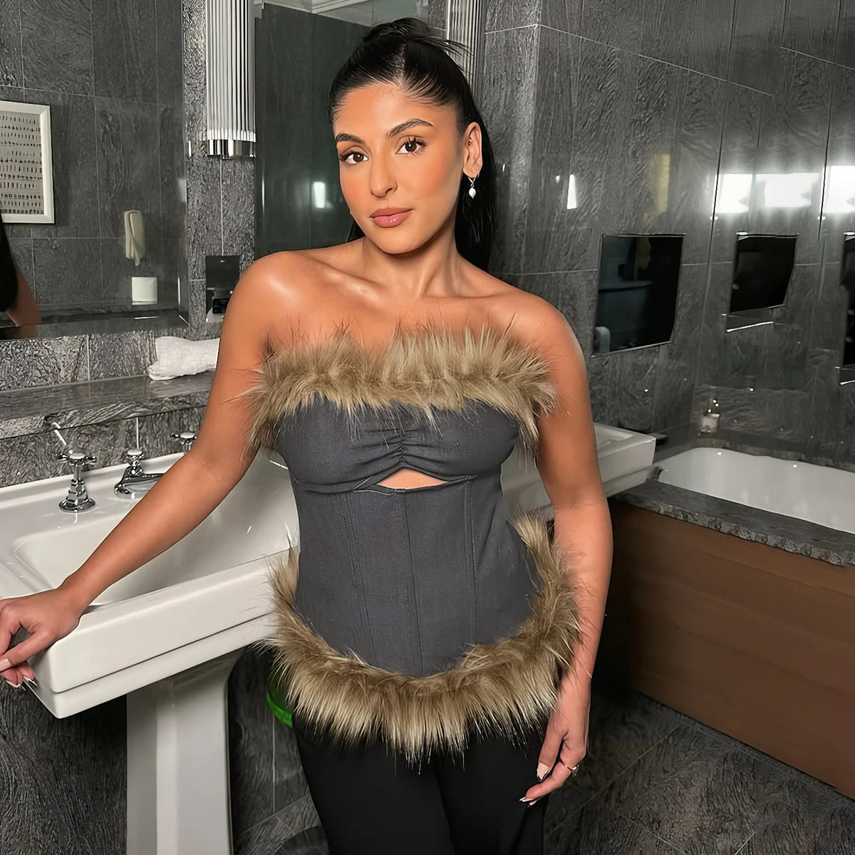 Sexy Backless Corset Top Feather Trim Lace - Up Cutout Bodycon Bustier for Party Clubwear - Zeprah