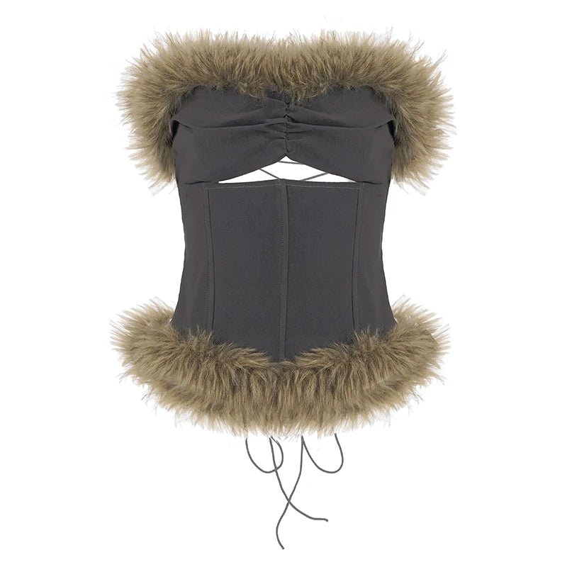 Sexy Backless Corset Top Feather Trim Lace - Up Cutout Bodycon Bustier for Party Clubwear - Zeprah
