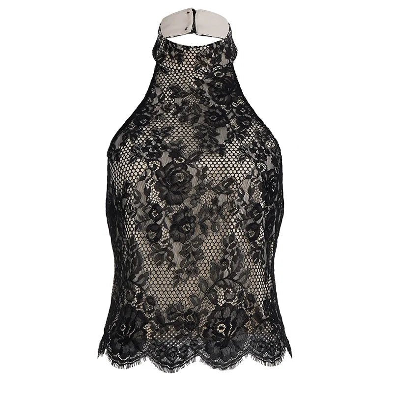 Sexy Backless Slim Fit Eco - Friendly Breathable Gothic Lace Turtleneck Tank Top - Zeprah