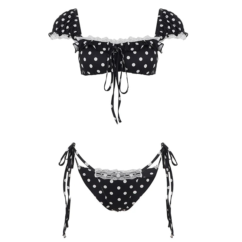 Sexy Bikini Set Polka Dot Color Block Square Neck Lace Crop Top with Built - in Bra and Washed Above Knee Side Tie Shorts - Zeprah