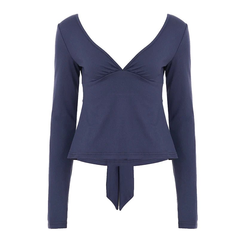 Sexy Bow Detail Ballet Dance Top - Deep V - Neck Long Sleeve Yoga Shirt for Women Fashion Athletic Wear - Zeprah