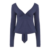 Sexy Bow Detail Ballet Dance Top - Deep V - Neck Long Sleeve Yoga Shirt for Women Fashion Athletic Wear - Zeprah
