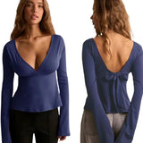 Sexy Bow Detail Ballet Dance Top - Deep V - Neck Long Sleeve Yoga Shirt for Women Fashion Athletic Wear - Zeprah