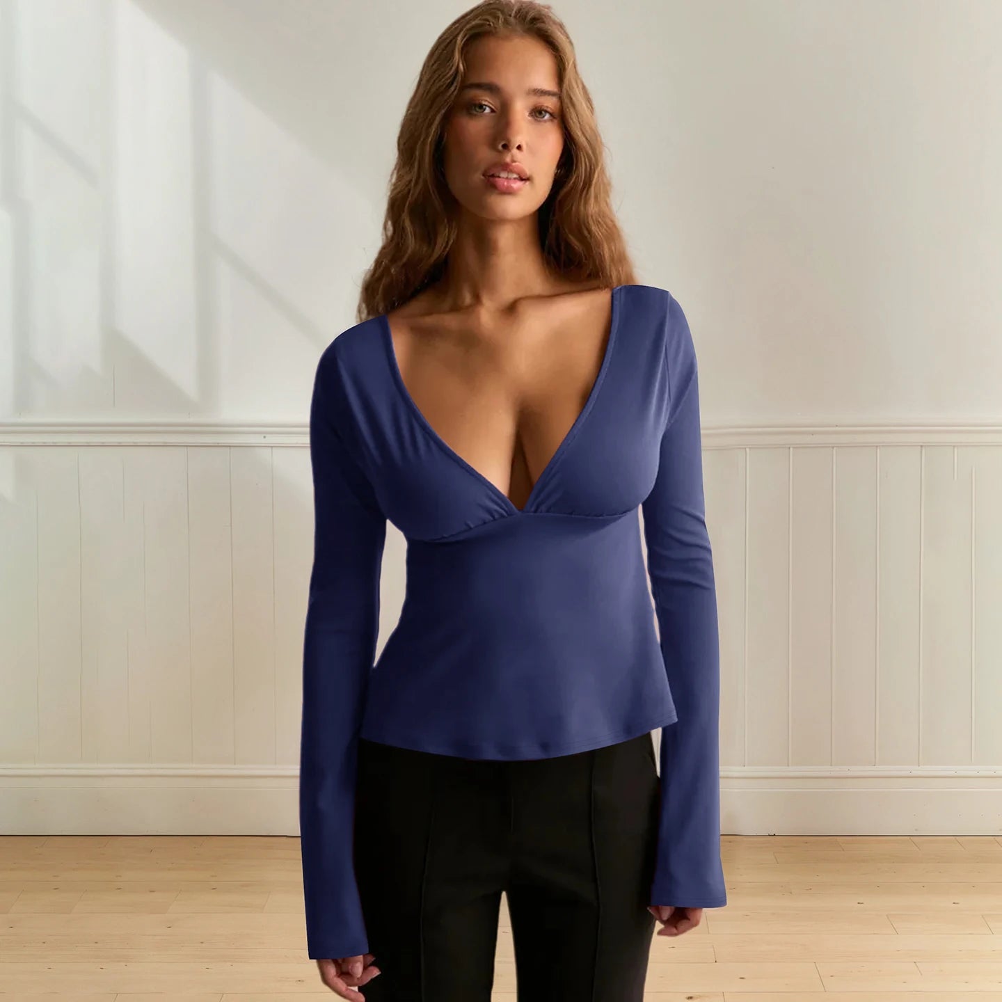 Sexy Bow Detail Ballet Dance Top - Deep V - Neck Long Sleeve Yoga Shirt for Women Fashion Athletic Wear - Zeprah