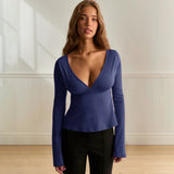 Sexy Bow Detail Ballet Dance Top - Deep V - Neck Long Sleeve Yoga Shirt for Women Fashion Athletic Wear - Zeprah