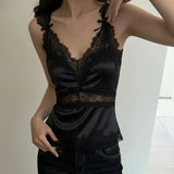 Sexy Breathable Eco - Friendly Satin Tank Top for Women's Summer V - Neck with Bow Lace Trim Fitted Casual Solid Color - Zeprah
