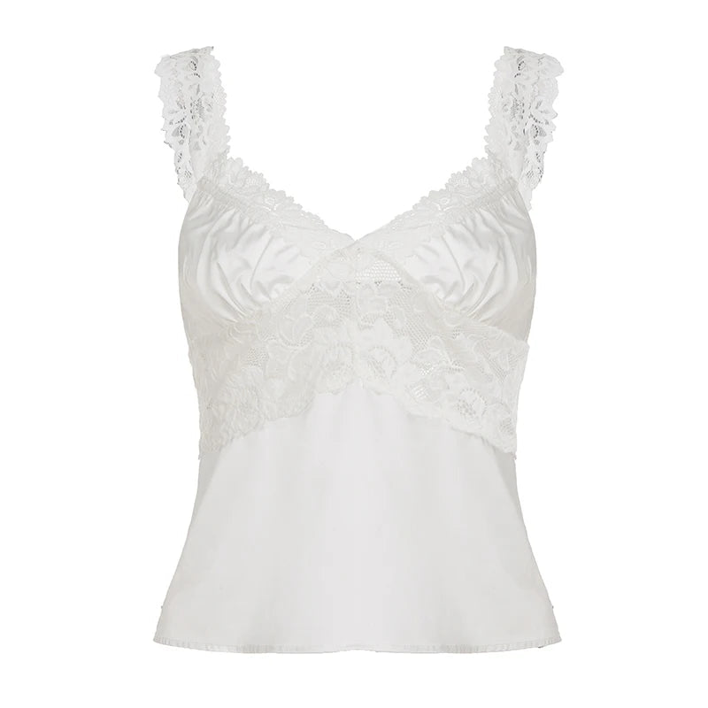 Sexy Breathable Eco - Friendly Satin Tank Top for Women's Summer V - Neck with Bow Lace Trim Fitted Casual Solid Color - Zeprah
