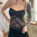 Sexy Breathable Floral Knitted Eco - Friendly Camisole with Square Collar Sheer Panels Contrast Lace Bow Accent Fabric - Zeprah
