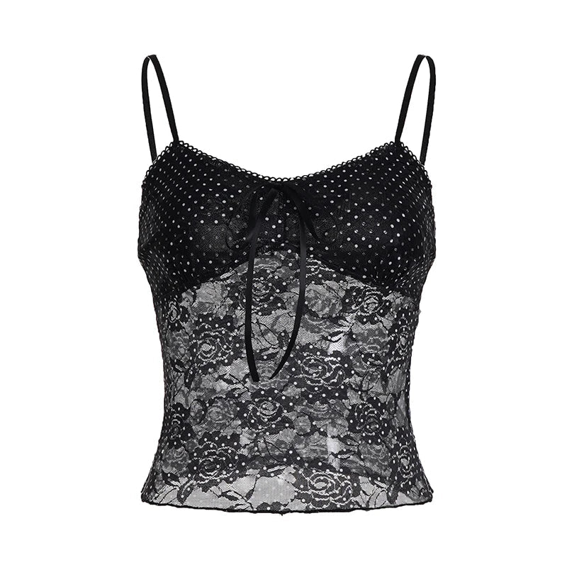 Sexy Breathable Floral Knitted Eco - Friendly Camisole with Square Collar Sheer Panels Contrast Lace Bow Accent Fabric - Zeprah
