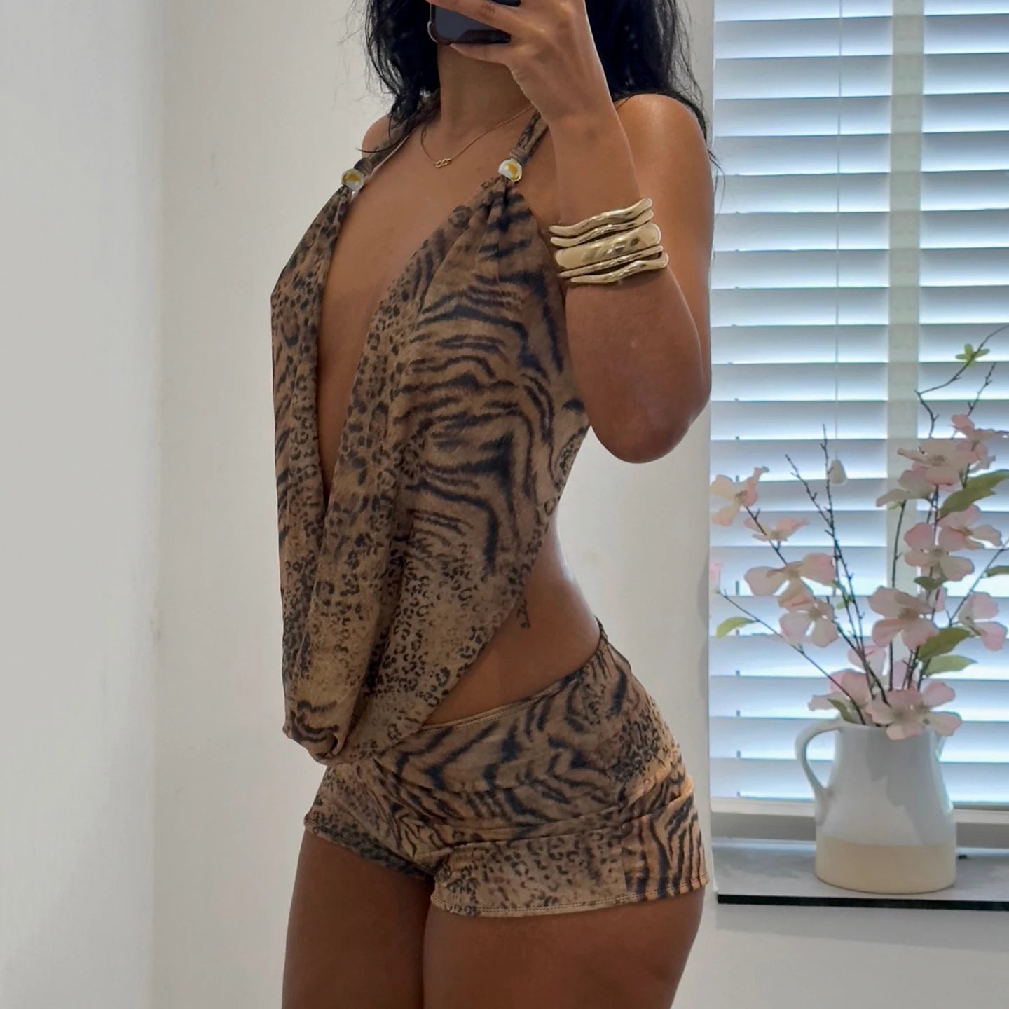 Sexy Casual Leopard Print Knitting Two - Piece Set Women Deep V Halter Tie Backless Crop Top Above Knee Belt Summer - Zeprah
