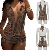 Sexy Casual Leopard Print Knitting Two - Piece Set Women Deep V Halter Tie Backless Crop Top Above Knee Belt Summer - Zeprah
