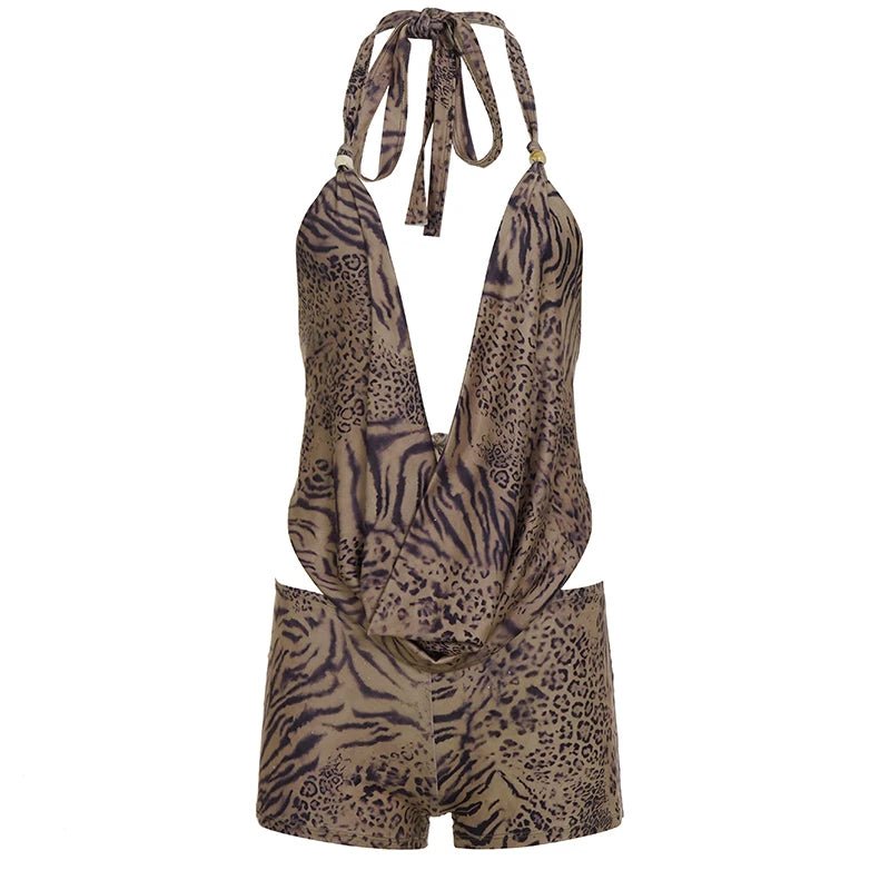 Sexy Casual Leopard Print Knitting Two - Piece Set Women Deep V Halter Tie Backless Crop Top Above Knee Belt Summer - Zeprah