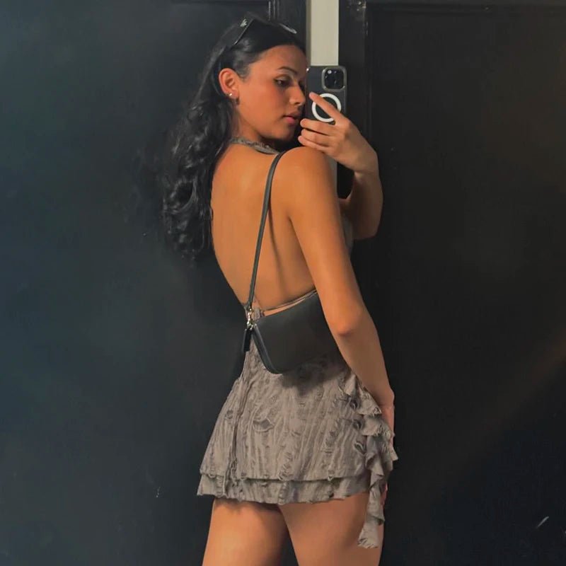 Sexy Deep V Backless Mini Dress Halter Tie Neck Cut Details Textured Fabric Solid Color Pencil Casual Natural Waist Breathable - Zeprah