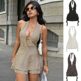 Sexy Deep V Backless Mini Dress Halter Tie Neck Cut Details Textured Fabric Solid Color Pencil Casual Natural Waist Breathable - Zeprah