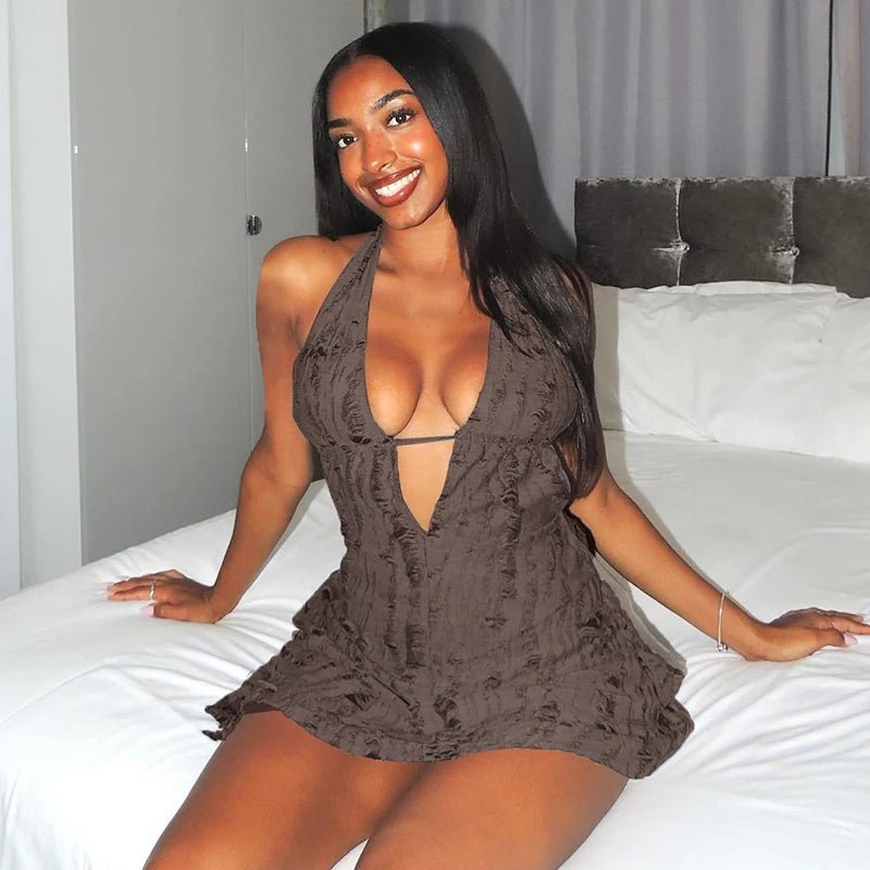 Sexy Deep V Backless Mini Dress Halter Tie Neck Cut Details Textured Fabric Solid Color Pencil Casual Natural Waist Breathable - Zeprah