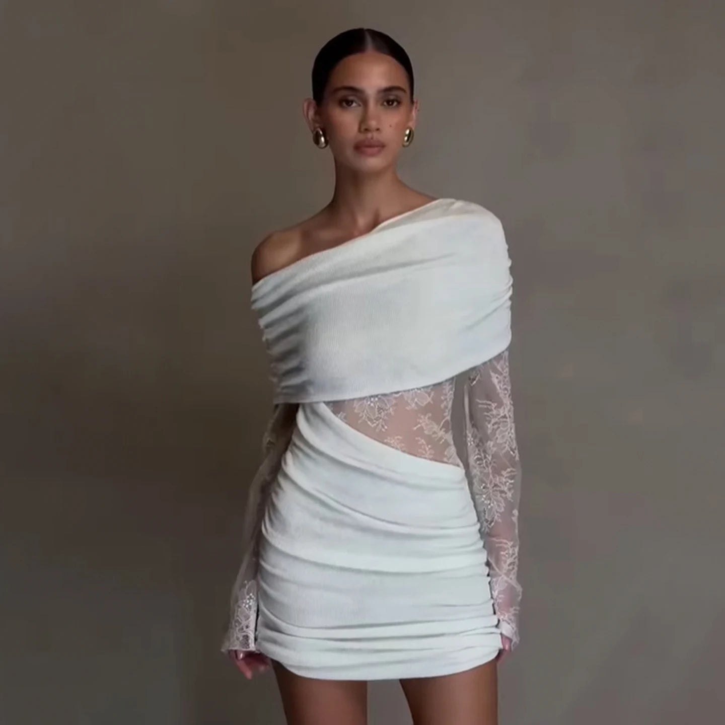 Sexy Elegant Autumn Party Dress Slash Neck Bodycon Mini Dress with Lace Insert Solid Color and Washable - Zeprah