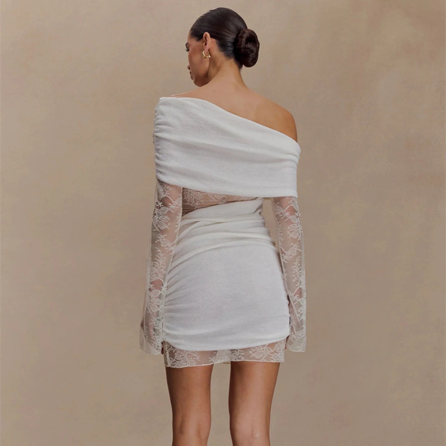 Sexy Elegant Autumn Party Dress Slash Neck Bodycon Mini Dress with Lace Insert Solid Color and Washable - Zeprah